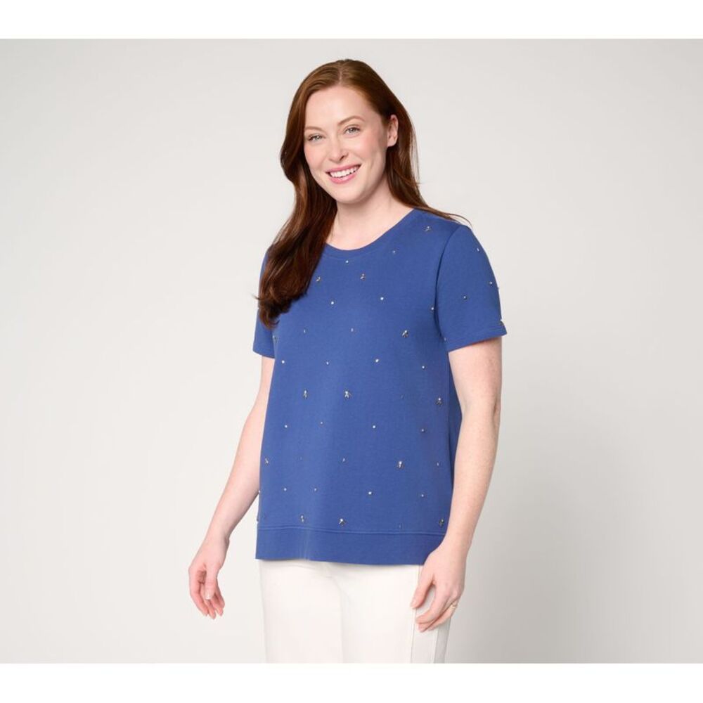 Fashion Women's Top Sz S Embellished Short Sleeve Sweatshirt Blue